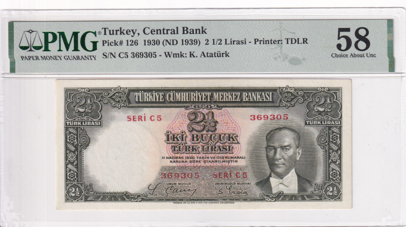 Türkiye, 2 1/2 Lira, 1939, AUNC, p126, 2.Emission

PMG 58

Estimate: USD 800...