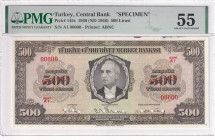Türkiye, 500 Lira, 1946, AUNC, p145s, SPECIMEN