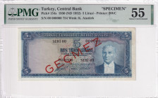 Türkiye, 5 Lira, 1952, AUNC, p154a, SPECIMEN