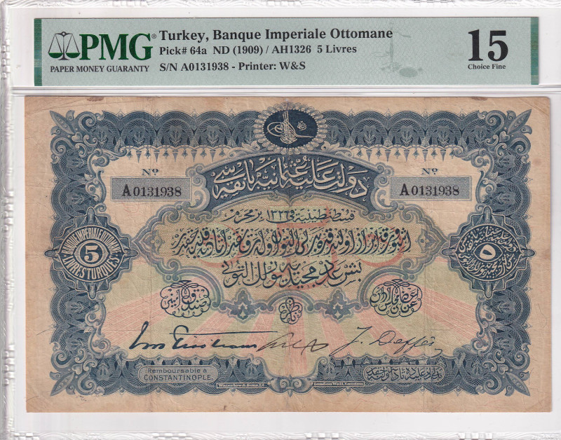 Türkiye, Ottoman Empire, 5 Livres, 1909, FINE, p64, Signed: Tristram-Daffes, Sea...