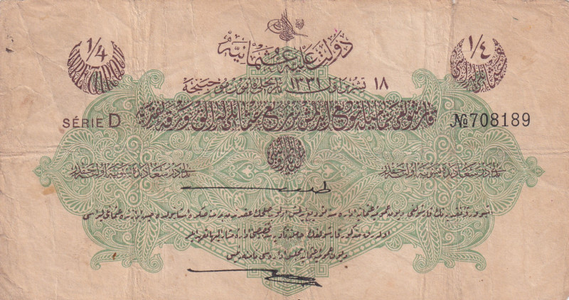 Türkiye, Ottoman Empire, 1/4 Livre, 1915, FINE, p71, Talat / Hüseyin Cahid

V....
