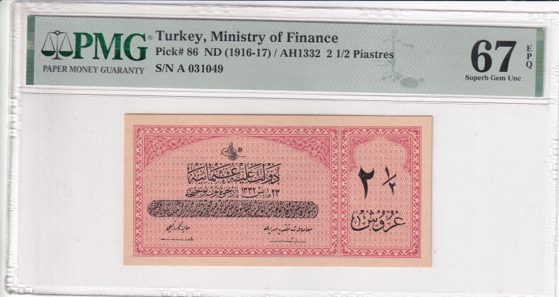 Türkiye, Ottoman Empire, 2 1/2 Piastres, 1916, UNC, p86, Talat / Raşid

PMG 67...