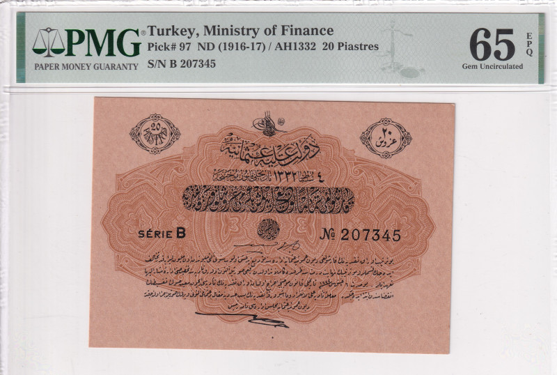 Türkiye, Ottoman Empire, 20 Piastres, 1916/1917, UNC, p97, Cavid / Hüseyin Cahid...