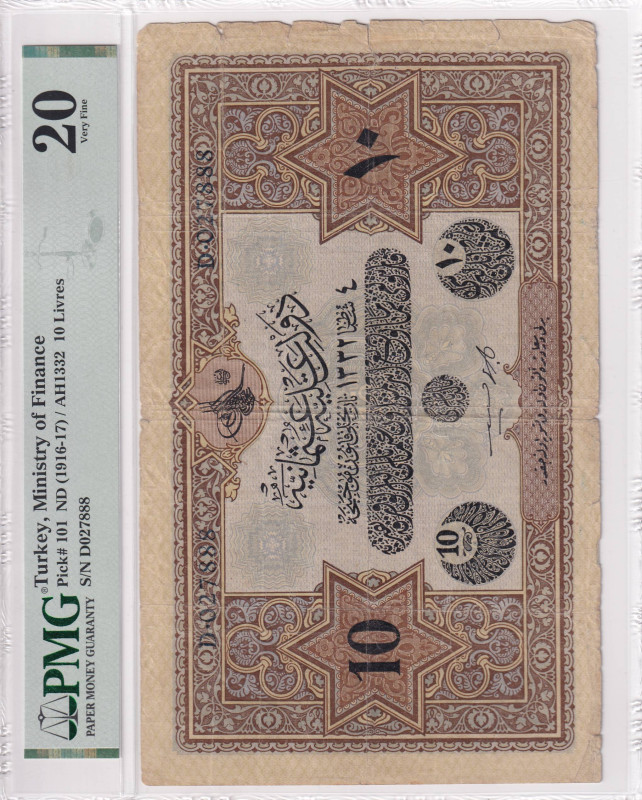 Türkiye, Ottoman Empire, 10 Livres, 1917, VF, p101, Cavid / Hüseyin Cahid

PMG...