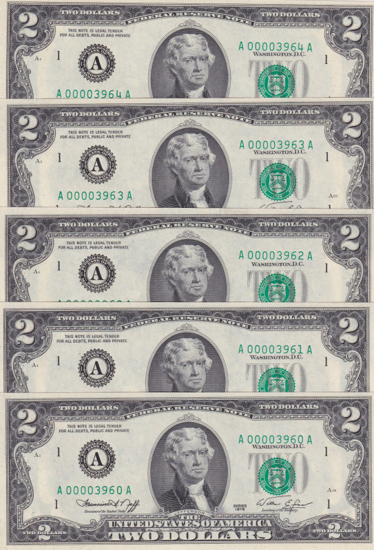 United States of America, 2 Dollars, 1976, UNC, p461, (Total 5 consecutive bankn...
