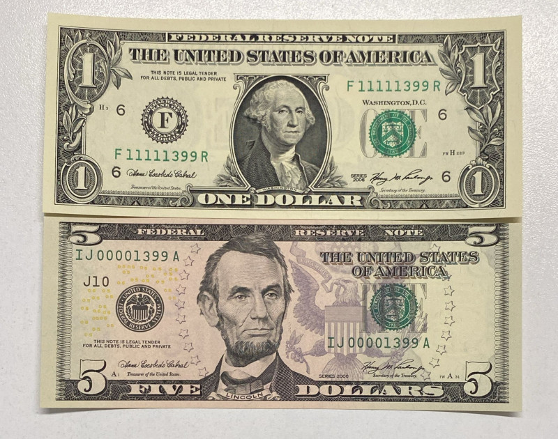 United States of America, 1-5 Dollars, 2006, UNC, p523a; p524, (Total 2 banknote...