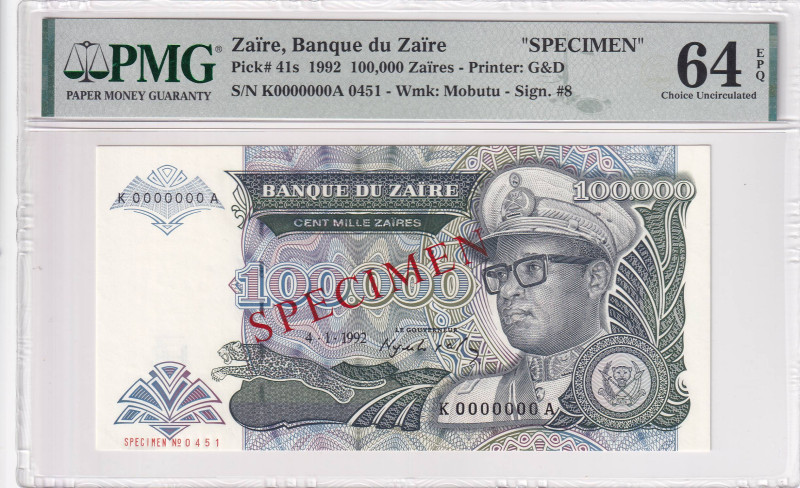 Zaire, 100.000 Zaires, 1992, UNC, p41s, SPECIMEN

PMG 64 EPQ

Estimate: USD ...