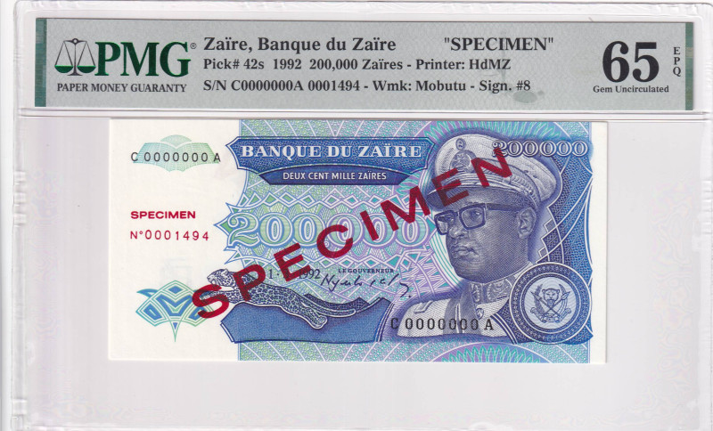 Zaire, 200.000 Zaires, 1992, UNC, p42s, SPECIMEN

PMG 65 EPQ

Estimate: USD ...