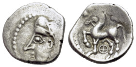 Central Gaul, Bituriges Cubi, c. 1st century BC. AR Quinarius (15mm, 1.88g, 11h). Bare male head l. R/ Horse prancing l.; sword above; symbol below. D...