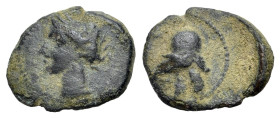 Punic Spain, c. 237-209 BC. Æ 1/5 Unit (14mm, 1.29g., 12h). Wreathed head of Tanit l. R/ Helmet l. MHC 117; CNH 46; SNG BM Spain 81-4.Punic Spain, c. ...