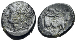 Italy. Campania, Neapolis, c. 270-250 BC. Æ (19mm, 4.68g., 11h). Laureate head of Apollo l.; I behind. R/ Man-headed bull standing r., being crowned b...