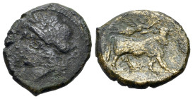 Italy. Campania, Neapolis, c. 270-250 BC. Æ (20mm, 5.24g., 9h). Laureate head of Apollo l. R/ Man-headed bull standing r., being crowned by Nike who f...