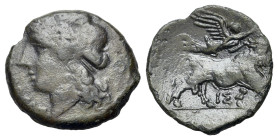 Italy. Campania, Compulteria(?), c. 265-240 BC. Æ (18mm, 2.74g., 3h). Laureate head of Apollo l. R/ Man-headed bull walking r., head facing, crowned w...