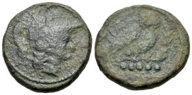 Italy. Northern Apulia, Teate, c. 225-200 BC. Æ Quincunx (23mm, 12.85g., 3h). Head of Athena r., wearing crested Corinthian helmet. R/ Owl standing r....