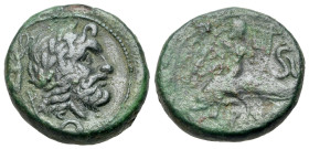 Italy. Southern Apulia, Brundisium, 2nd century BC. Æ Semis (18mm, 6.71g., 11h). Semuncial standard. Laureate head of Poseidon r.; wreath-bearing Nike...
