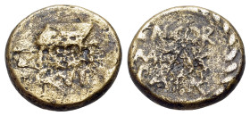 Italy. Lucania, Paestum, 2nd century BC. Æ Semis (15mm, 3.68g., 6h). Hexastyle temple. R/ CN•COR/M•TVC/PATR within laurel wreath. Crawford, Paestum 24...
