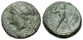 Italy. Bruttium, The Brettii, c. 214-211 BC. Æ Half Unit (18mm, 5.21g., 9h). Head of Nike l., wearing stephanos; grain ear behind neck. R/ Zeus standi...