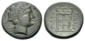 Italy. Bruttium, Petelia, c. 215-204 BC. Æ (19mm, 5.62g.,4h). Laureate head of Apollo r. / Tripod; ΠETH-ΛINΩN l. and right. HNItaly 2455; HGC 1, 1615....