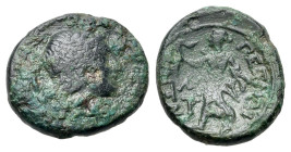 Italy. Bruttium, Petelia, c. 204-200 BC. Æ (14mm, 3.54g, 12h). Semuncial standard. Laureate head of Apollo r. R/ Artemis advancing l., holding torch; ...