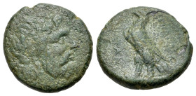 Sicily, Alaisa Archonidea?, c. 2nd century BC. Æ (21mm, 6.72g, 2h). Laureate head of Zeus r. R/ Eagle standing l. with spread wings; tripod to l. Cf. ...