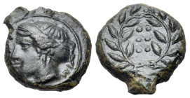 Sicily, Himera, c. 420-407 BC. Æ Hemilitron (16mm, 4.80g., 6h). Head of nymph l.; six pellets before. R/ Six pellets within wreath. CNS I 35; SNG ANS ...