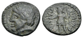 Sicily, Panormos, c. 2nd-1st century BC. Æ (15mm, 2.54g., 5h). Laureate head of Zeus l. R/ Warrior standing l., r. hand extended, holding spear in l.,...