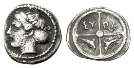 Sicily, Syracuse. Second Democracy, circa 425-400 BC. AR Hemilitron (9mm, 0.28g., 9h). Head of Arethusa l. / Wheel of four spokes, ΣY-PA in upper quar...