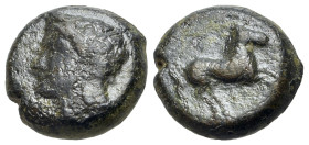 Carthaginian Domain, Sicily, c. 370-340 BC. Æ (15mm, 4.93g., 6h). Head of Tanit l. R/ Horse prancing r. CNS III 3.