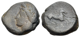 Carthaginian Domain, Sicily, c. 375-350 BC. Æ (16mm, 5.64g., 12h). Wreathed head of Tanit l. R/ Horse prancing r. MAA 15a; SNG Copenhagen 97; CNS III,...