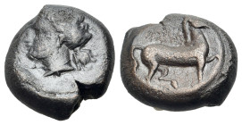 Carthaginian Domain, Sicily, c. 370-340 BC. Æ (15mm, 5.32g., 9h). Head of Tanit l. R/ Horse prancing r. CNS III 3.
