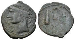 Carthaginian Domain, Sardinia, c. 241-238 BC. Æ (18mm, 3.31g., 7h). Wreathed head of Kore-Tanit l. R/ Three corn-ears. Piras 174-6; SNG Copenhagen 251...