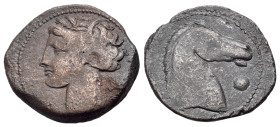 North Africa, Carthage, Æ (20mm, 4.71g., 11h). Sardinian(?) mint, c. 300-264 BC. Wreathed head of Tanit l. / Head of horse r.; pellet below, large pel...