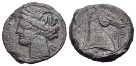 North Africa, Carthage, c. 300-264 BC. Æ (19mm, 4.43g., 6h). Uncertain mint, c. 300-264 BC. Wreathed head of Tanit l. R/ Head of horse r.; palm tree b...