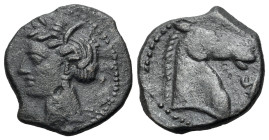 North Africa, Carthage, c. 300-264 BC. Æ (18mm, 3.83g., 4h). Head of Tanit l., wearing grain wreath and pendant earring. R/ Head of horse r.; Punic le...