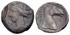 North Africa, Carthage, Æ (18mm, 4.60g., 3h). Sardinian(?) mint, c. 300-264 BC. Wreathed head of Tanit l. / Head of horse r.; pellet below, large pell...