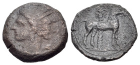 North Africa, Carthage, c. 400-350 BC. Æ (15mm, 3.22g., 8h). Wreathed head of Tanit l. R/ Horse standing r. before palm tree. MAA 18; SNG Copenhagen 1...