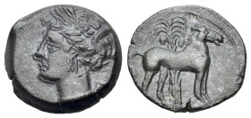 North Africa, Carthage, c. 400-350 BC. Æ (15mm, 3.30g., 9h). Wreathed head of Tanit l. R/ Horse standing r. before palm tree. MAA 18; SNG Copenhagen 1...