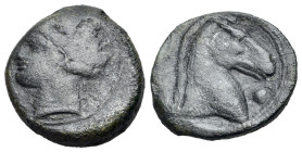 North Africa, Carthage, Æ (20mm, 6.07g., 5h). Sardinian(?) mint, c. 300-264 BC. Wreathed head of Tanit l. / Head of horse r.; pellet below, large pell...