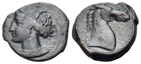 North Africa, Carthage, c. 300-264 BC. Æ (19mm, 5.88g., 12h). Head of Tanit l., wearing grain wreath and pendant earring. R/ Head of horse r.; Punic l...