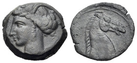 North Africa, Carthage, c. 300-264 BC. Æ (19mm, 4.68g., 12h). Head of Tanit l., wearing grain wreath and pendant earring. R/ Head of horse r.; Punic l...