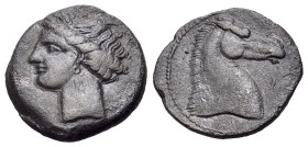 North Africa, Carthage, c. 300-264 BC. Æ (18mm, 4.27g., 3h). Head of Tanit l., wearing grain wreath and pendant earring. R/ Head of horse r.; Punic le...