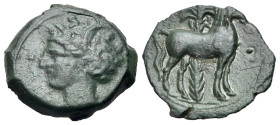North Africa, Carthage, c. 400-350 BC. Æ (16mm, 3.22g., 6h). Wreathed head of Tanit l. R/ Horse standing r. before palm tree. MAA 18; SNG Copenhagen 1...