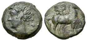 North Africa, Carthage, c. 400-350 BC. Æ (15mm, 3.20g., 12h). Wreathed head of Tanit l. R/ Horse standing r. before palm tree. MAA 18; SNG Copenhagen ...