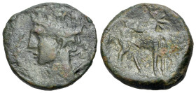 North Africa, Carthage, Second Punic War, Circa 220-215 BC. Æ (20mm, 5.01g., 9h). Mint on Sardinia. Struck circa 216-215 BC. Wreathed head of Tanit l....