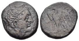 Cyrenaica, Cyrene. Ptolemy II of Egypt with Magas of Cyrenaica, c. 270-261 BC. AE (19mm, 6.85g., 2h). Diademed head of Ptolemy I r. R/ Eagle with open...