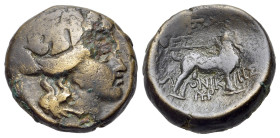 Macedon. Thessalonica. Circa 187-31 BC. Æ (19mm, 8.23g., 12h). Head of young Dionysos r., wreathed in ivy. R/ Goat standing r.; plow below. Cf. SNG AN...