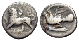 Sikyonia, Sikyon, c. 431-400 BC. AR Hemidrachm (13mm, 2.58g., 3h). Lion standing l. R/ Dove flying l. within olive wreath. BCD Peloponnesos 294; SNG C...