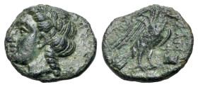 Caria, Halikarnassos, c. 400-300 BC. Æ Chalkous (11mm, 0.94g., 12h). Laureate head of Apollo l. R/ Eagle standing r., with wings spread; lyre to r. SN...