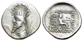 Kings of Parthia. Rhagae. Sinatrukes (93-69 BC). AR Drachm (19mm, 4.21g, 12h). Diademed and draped bust of Sinatrukes to l., wearing tiara decorated w...