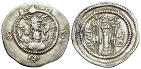 Sasanian Kingdom. Kavad I (2nd Reign 499-531) AR Drachm, ST mint. Crowned bust right. R/ Fire altar;attendant to left and right; star and crescent bet...